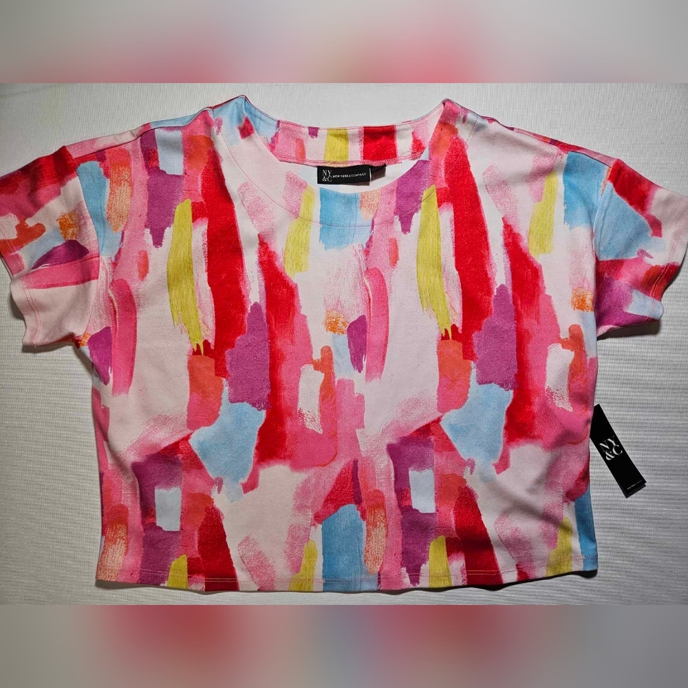 New York & Company NWT Womens Short‎ Sleeve Crop Top Asymmetric Paint Swipe XL